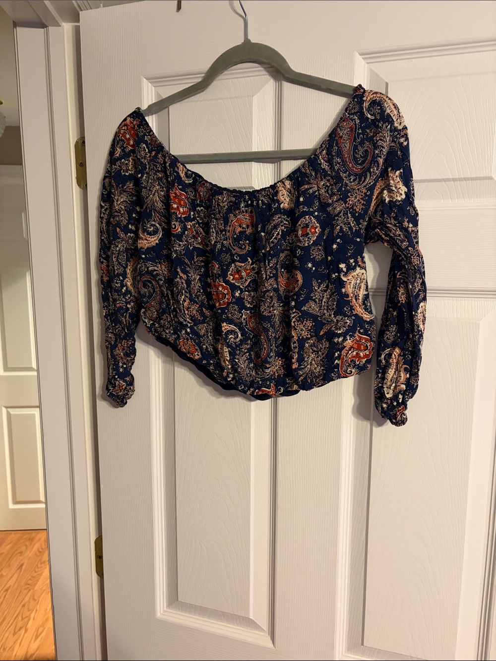 Windsor Navy Paisley Off-Shoulder Blouse with Rust Accents